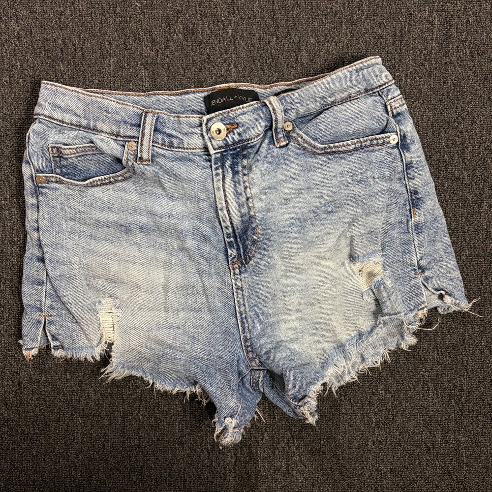 Vintage Y2k Kendall + Kylie Light Wash Frayed Icon Mini Denim Jean Shorts 7/28